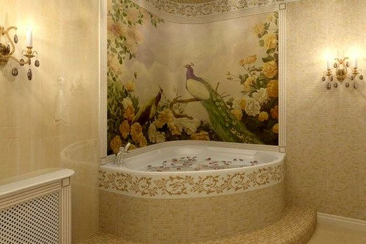 Тому провести обробку стін у ванній кімнаті мозаїкою може будь-хто, хто вміє тримати в руках пензлик для клею і більш-менш рівно прикладати ці самі матриці до стіни