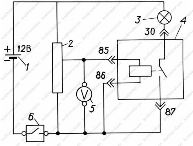 Після з'єднання приладів за цією схемою включають вимикач 6, за допомогою движка резистора 2 встановлюють напругу по вольтметру 5 в межах 1-2В